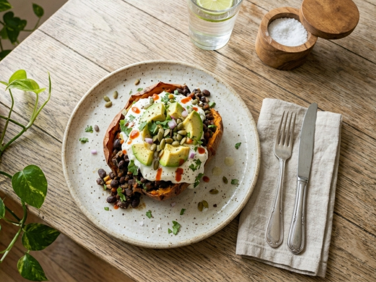 Healthy Air Fryer Loaded Sweet Potato Dinner Recipe (5oo cals)